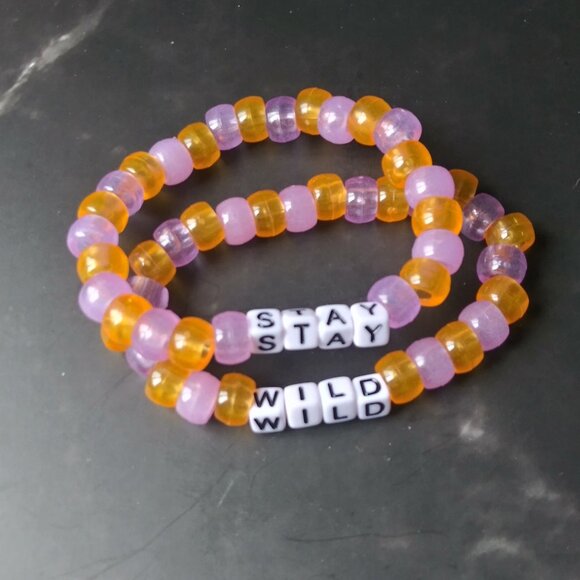Stay Wild Rave Kandi Bracelet Duo Purple & Orange Beaded Stack EDM EDC PLUR - Picture 1 of 7